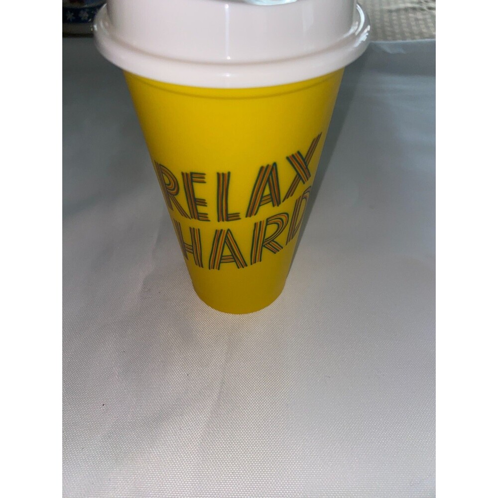 New Starbucks Coffee Yellow Plastic White Lid To Go 16 oz ❤️ Cup Relax Hard